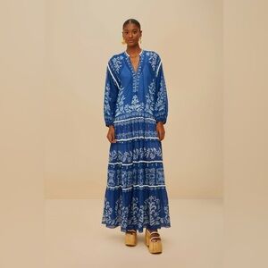 Farm Rio: Blue Tropical Cross Stitch Tiered Maxi Dress